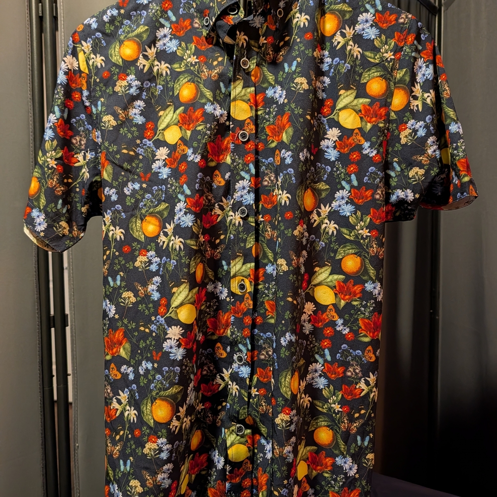 Fried Denim Vibrant Floral and Fruit Patterned Men's Shirt Small